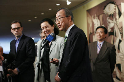 UNSG BAN Ki-Moon with the UN spokesperson Michele Montas by his side